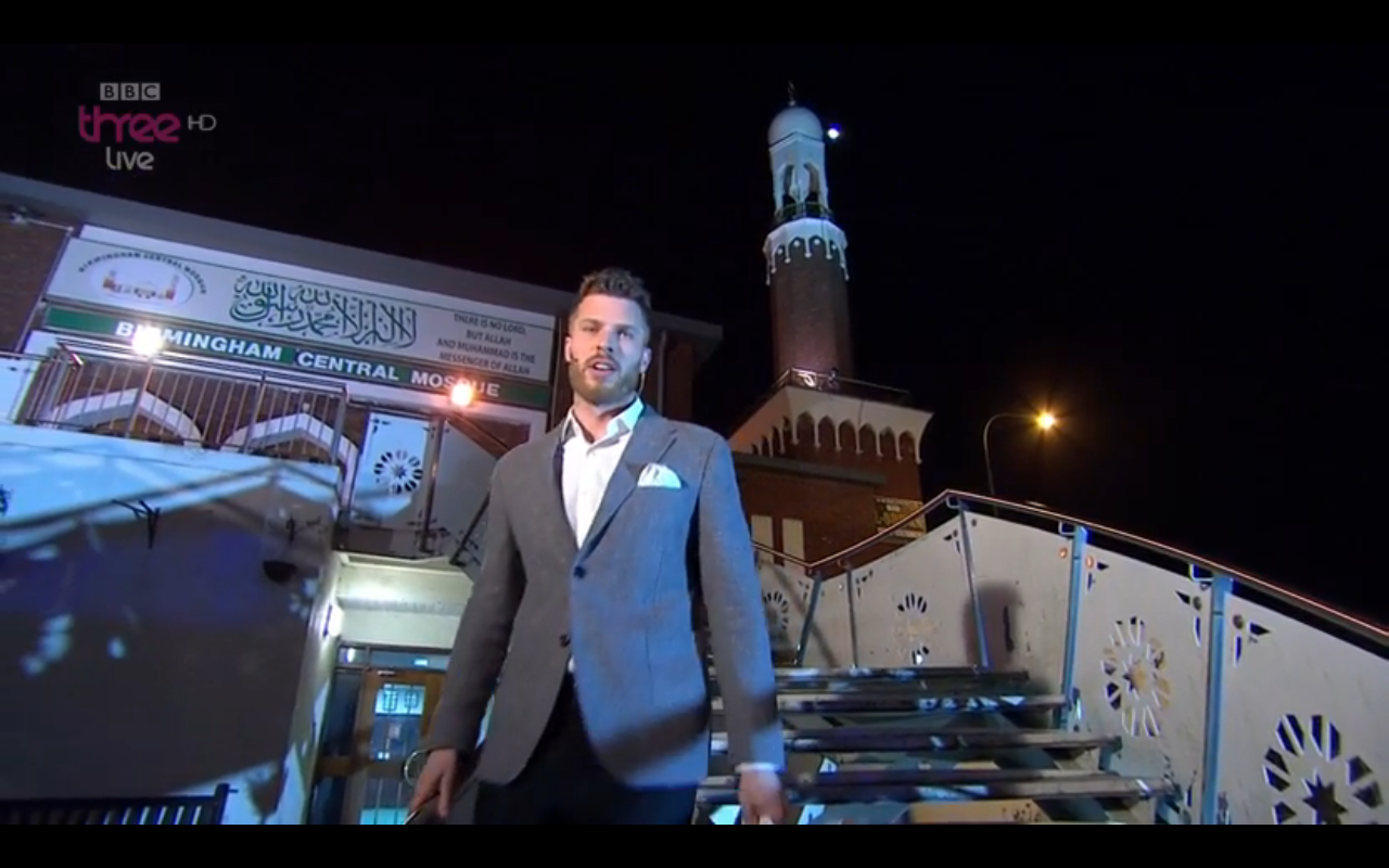 Rick Edwards presented BBC Three's Free Speech from the grounds of Birmingham Central Mosque