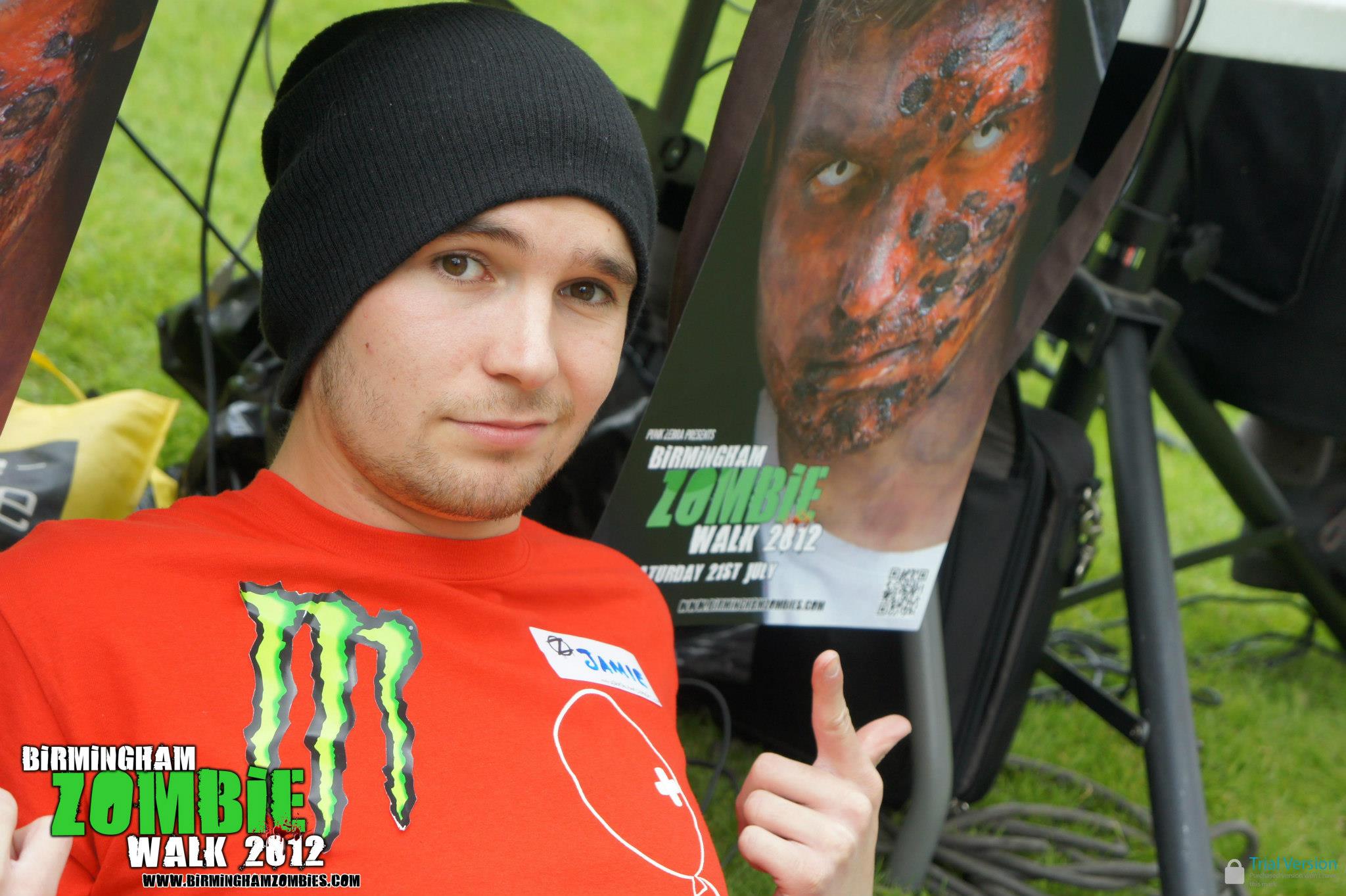 Birmingham Zombies founder Jamie Chapman poses with a poster bearing his face in 2012 (Photograph: Adam Yosef)