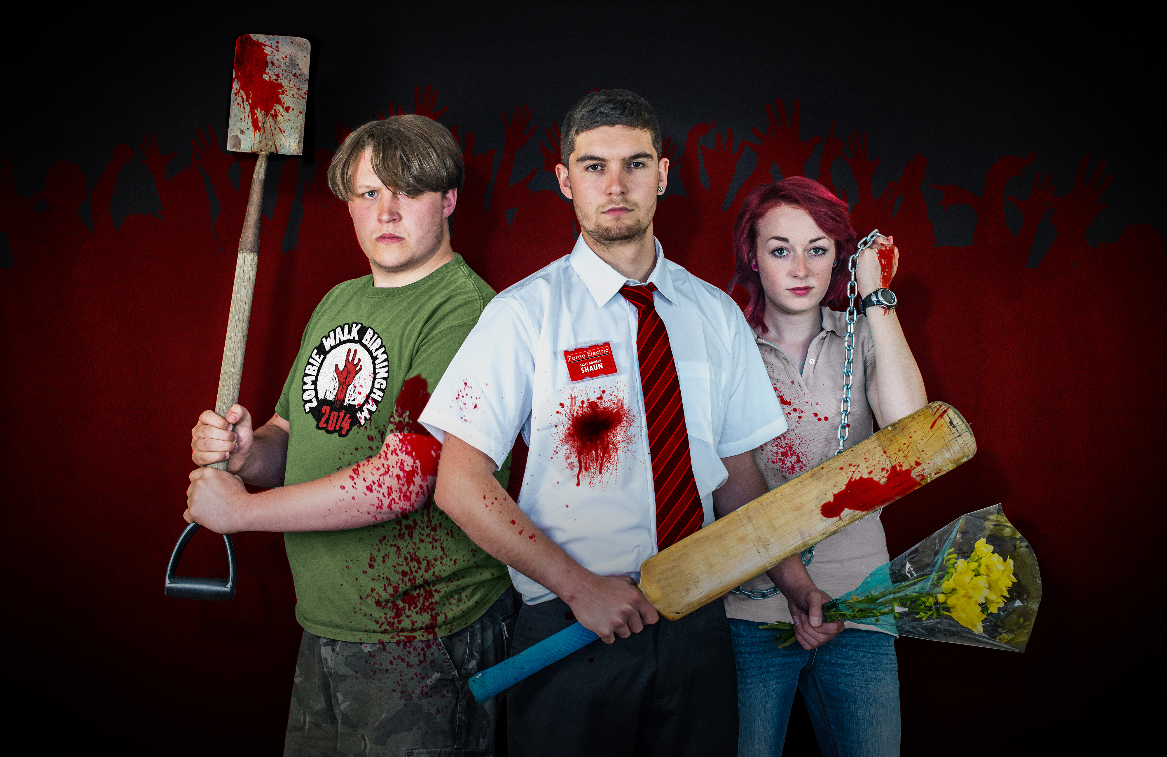 Zombie Walk volunteers Jack Kirby and Hannah Deathridge join event founder Jamie Chapman (centre) to recreate the classic Shaun of the Dead poster image (Photo: Kris Askey)