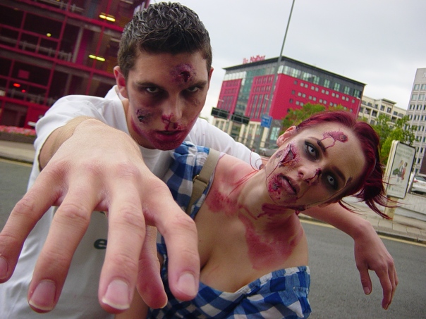 Jamie Chapman and Victoria Ann Gould prepare for the Birmingham Zombie Walk