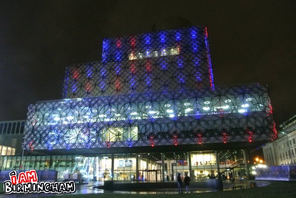 The Library of Birmingham was lit up in French tricolore following attacks in paris (Photograph: Adam Yosef)
