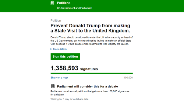 more than 1.3 million people have signed a petition urging the government to call off Donald Trump's state visit to the UK