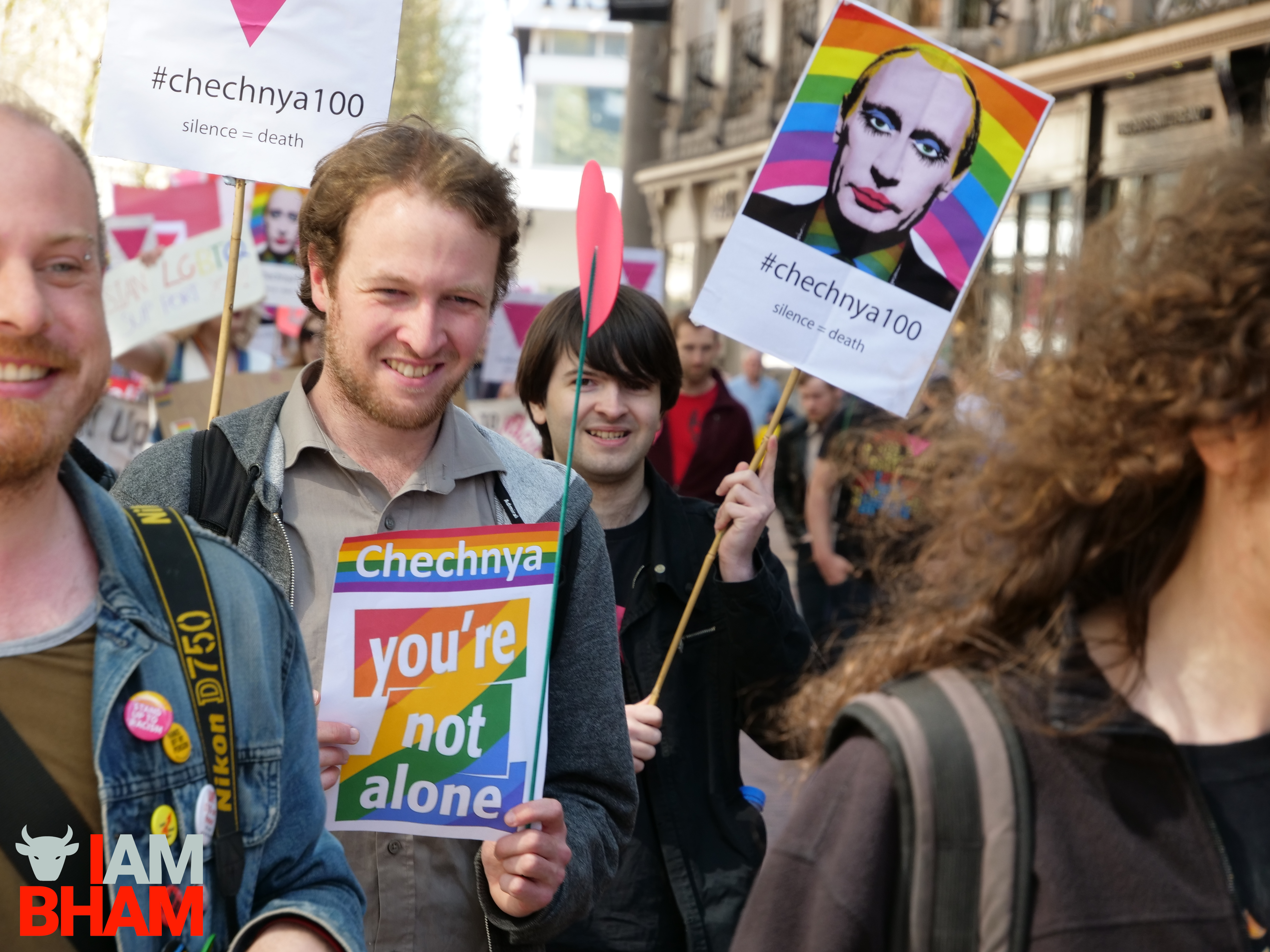 Around 200 people marched in Birmingham to show support for the victims of recent anti-LGBT human rights abuses in Chechnya (Photograph: Adam Yosef)