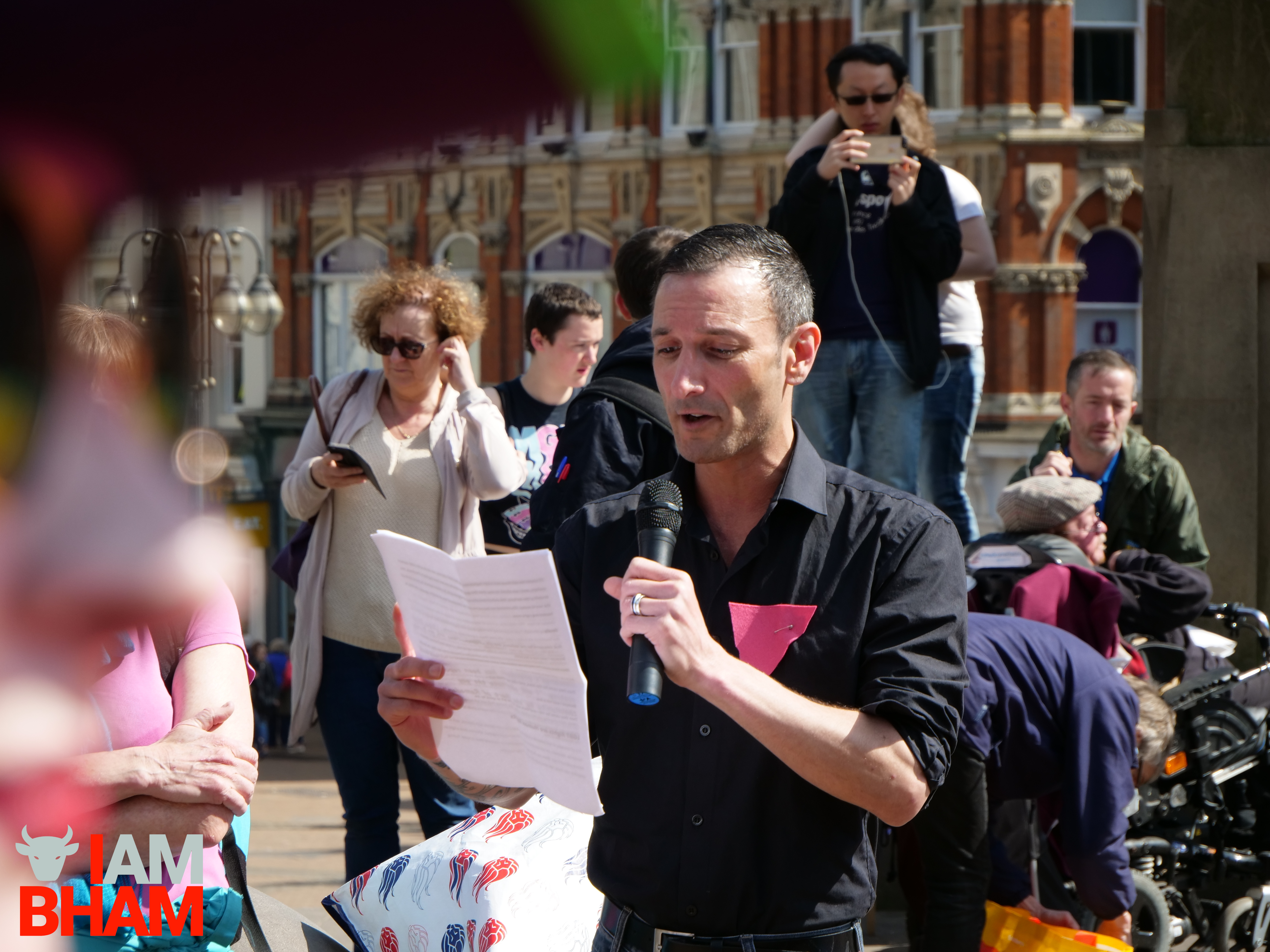 David Viney from the Birmingham LGBT Centre shared a passionate speech and poem to express support for victims in Chechnya (Photograph: Adam Yosef)