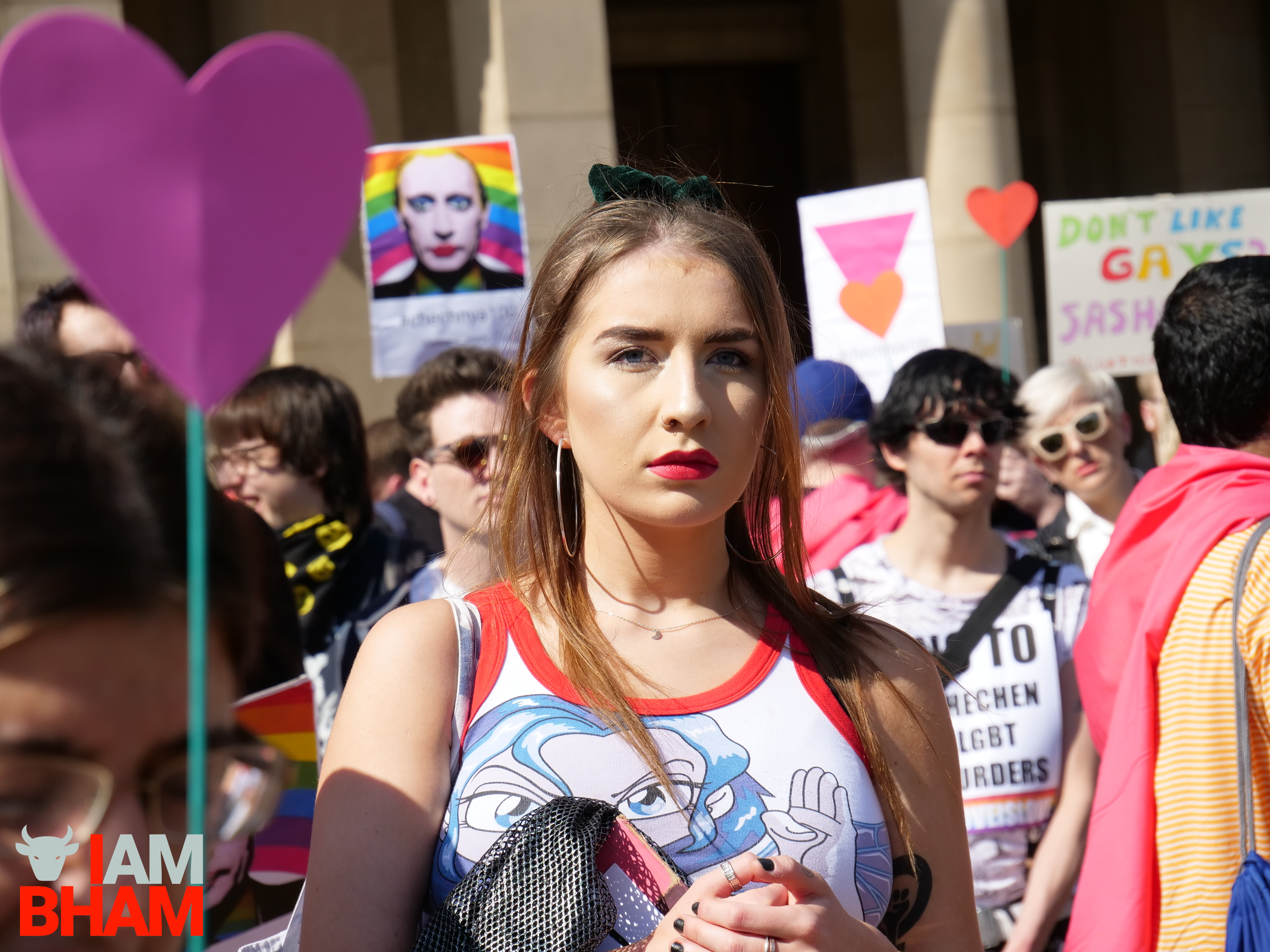A protester attends a rally in Birmingham, supporting the LGBT victims of a homophobic abuse campaign being led by the leader of Chechnya (Photograph: Adam Yosef)